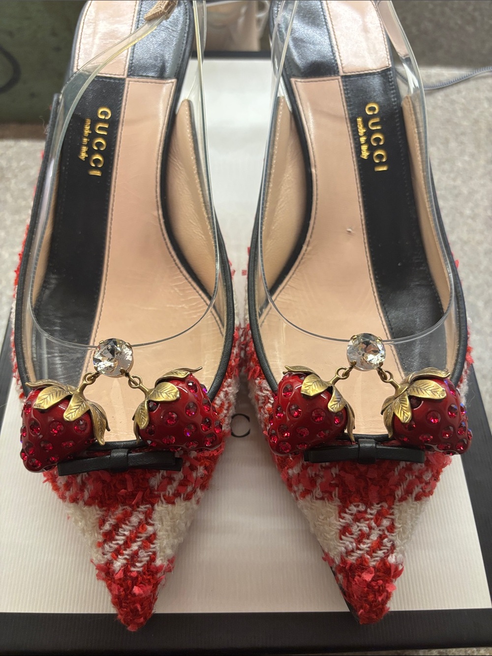 Gucci Eleanor Strawberry Tweed Heels - Size 39
